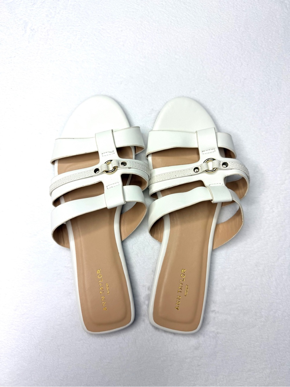 Ann Taylor White Triple-Strap Slide Sandals with Gold Accent